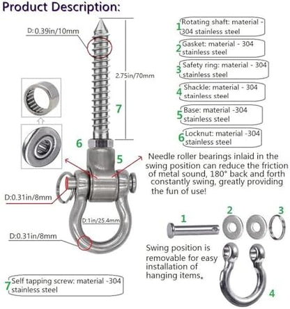4 Heavy Duty Swing Hangers Permanent Anti Rust Bearing, 180 Swing Hardware, 1500 LBS, 304 Stainless Steel Color