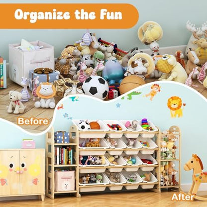 Large Toy Storage Organizer with 16 Bins, 3-Shelf Bookshelf, White
