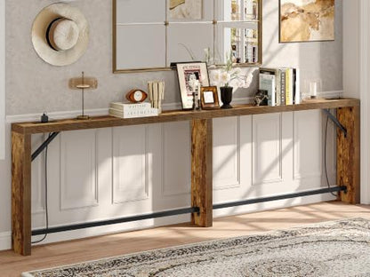 TIQLAB Sofa Table, 110 inch (1.2'' Thick Tabletop) Long Console Table Behind Couch, Narrow Entryway Table with Angled Metal Frame, Industrial Console Table for Entryway, Rustic Brown
