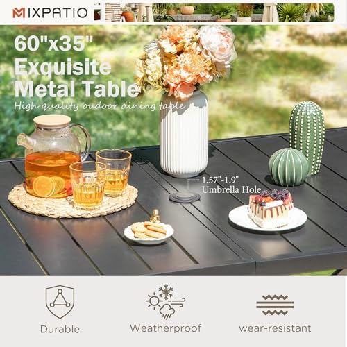 MIXPATIO 7pc Patio Dining Set, 59" Rectangular Metal Table, 6 Rattan Chairs