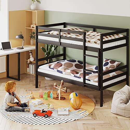KOMFOTT Wood Bunk Bed Twin Over Twin, Bunk Bed with Ladder & Safety Guardrail, Solid Wood Bed Frame, Ideal for Dormitory & Multiple-Child Family, No Box Spring Needed, Kids Twin Bed