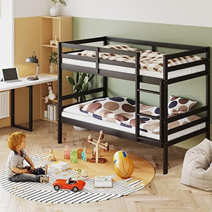 KOMFOTT Wood Bunk Bed Twin Over Twin, Bunk Bed with Ladder & Safety Guardrail, Solid Wood Bed Frame, Ideal for Dormitory & Multiple-Child Family, No Box Spring Needed, Kids Twin Bed