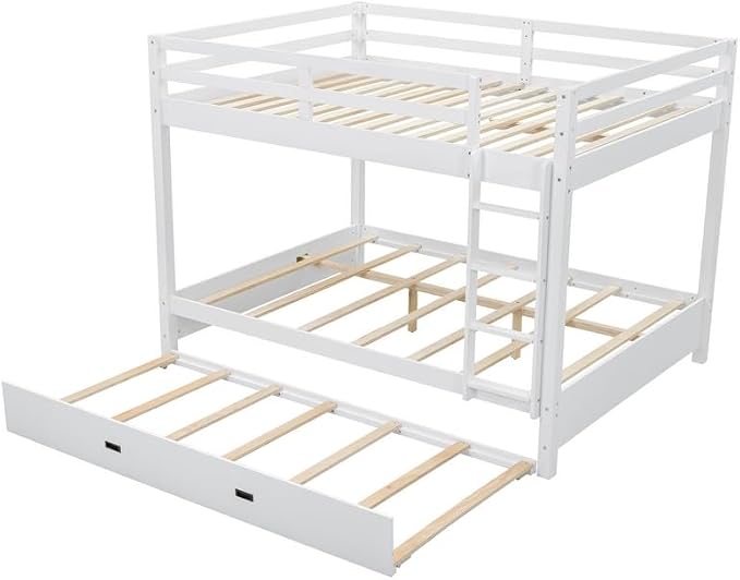 Merax Queen Size Bed with Trundle - Space-Saving Solid Wood Frame, Built-in Safety Rails and Ladderm, White