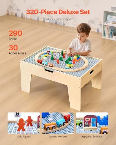 VEVOR Multi-Purpose Activity Play Table, 290 Building Bricks and 30-Piece Wooden Train Set Railway, Vehicles, Tracks and Accessories, Wooden Kids Activity Table with Storage Area for Kids Ages 3+