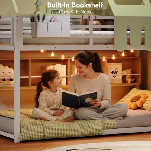Decofy Bunk Bed Twin Over Twin with Book Shelf, House Bunk Bed Frame, White