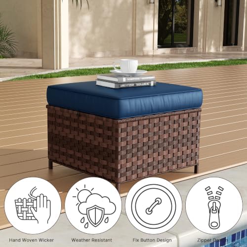 Outdoor Ottoman Set of 2, Patio Large Ottoman Foot Rest with Thickened Cushions, Outdoor Wicker Foot Stool for Porch, Deck Use, Blue