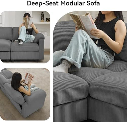 Modular Sectional Sofa, 114'' Corduroy Deep Seat U Shaped Couch, Grey
