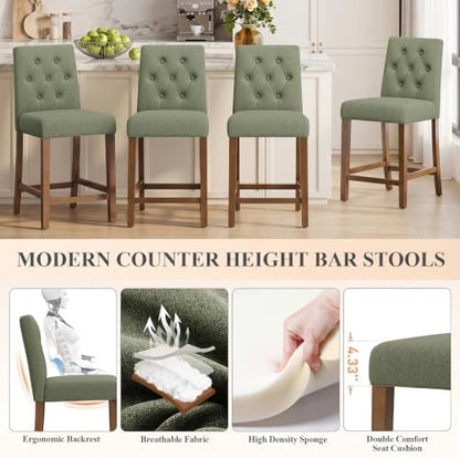 MALOL Bar Stools Set of 2, Fabric Counter Height Bar Stools,Green