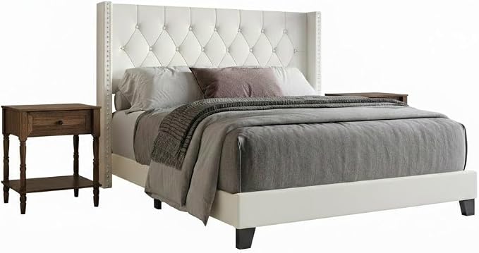 HOME DESIGN Homer Queen Tufted Wingback Upholstered Panel Bed with 2 Matching 1 Drawer Nightstands, Bedroom Furniture Set with Open Shelf Storage, Light Beige Brown