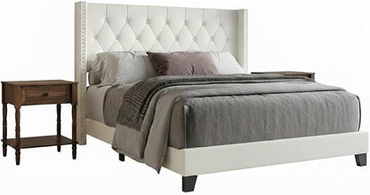 HOME DESIGN Homer Full Tufted Wingback Upholstered Panel Bed with 2 Matching 1 Drawer Nightstands, Bedroom Furniture Set with Open Shelf Storage, Light Beige Brown
