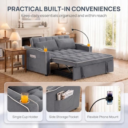Convertible Pull Out Sofa Bed with Cup Holders & Side Pocket, Gray