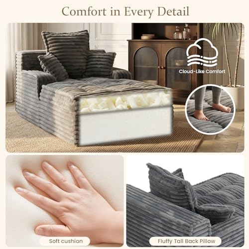Boneless Chaise Lounge Couch Indoor, Small Corduroy Upholstered Sleeper Sofa Bed Reading Chairs with 3 Pillows, Fluffy Comfy Cloud Sofas Couches, Compression Boneless Sofa for Small Corner