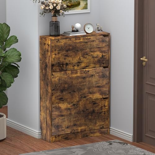Wodeer Narrow Shoe Cabinet for Entryway, Slim Shoe Storage Cabinet with 3 Flip Drawers, Hidden Wood Shoe Cabinet Storage, Freestanding Shoe Rack Organizer Foyer, Hallway, Grey