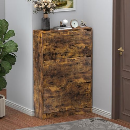 Wodeer Narrow Shoe Cabinet for Entryway, Slim Shoe Storage Cabinet with 3 Flip Drawers, Hidden Wood Shoe Cabinet Storage, Freestanding Shoe Rack Organizer Foyer, Hallway, Grey