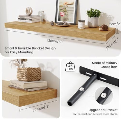 48 Inch Floating Shelves for Wall - 12 Inch Deep Fireplace Mantel Shelf - Wood Floating Shelf for Wall - Large Storage Shelves Wall Mount for Living Room & Bedroom - Oak - Set of 1