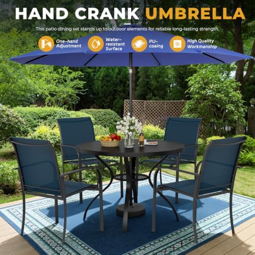 SUNCROWN 6 - Piece Outdoor Dining Set, Patio Furniture Set with 4 Textilene Dinning Chairs, 41" Metal Round Table and 1 Dark Blue 9Ft Patio Umbrella for Lawn Garden Backyard Deck, Blue