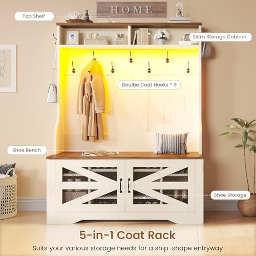 Itaar Hall Tree with Bench and Shoe Storage, 5-in-1 Entryway Bench with Coat Rack, 10 Shoe Cubbies & 9 Coat Hooks, Barn Door & Adjustable Shelf (White)