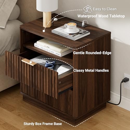23" W Walnut Fluted Nightstand with Charging Station for Bedroom