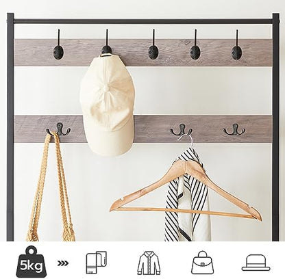 HOOBRO Hall Tree, Coat Rack with Shoe Rack, Hall Tree with Bench, 5 Tier Shoe Storage Organizer with 9 Hooks for Entryway, Closet, Sturdy, Industrial, Greige and Black BG80MT01G2