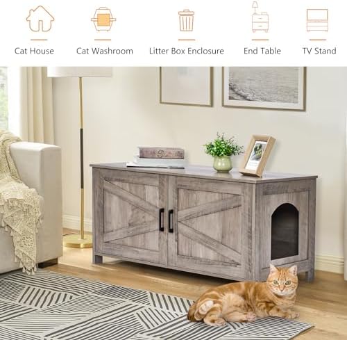 39.4" L Cat Litter Box Enclosure with Barn Door, Greige