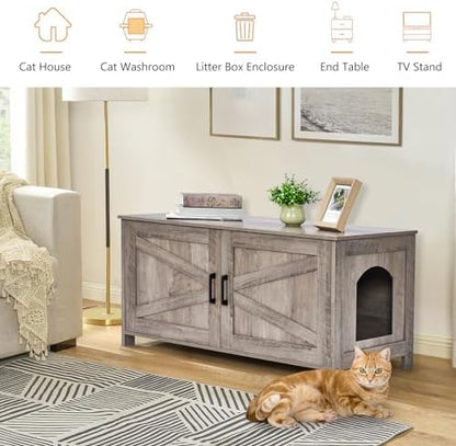 39.4" L Cat Litter Box Enclosure with Barn Door, Greige