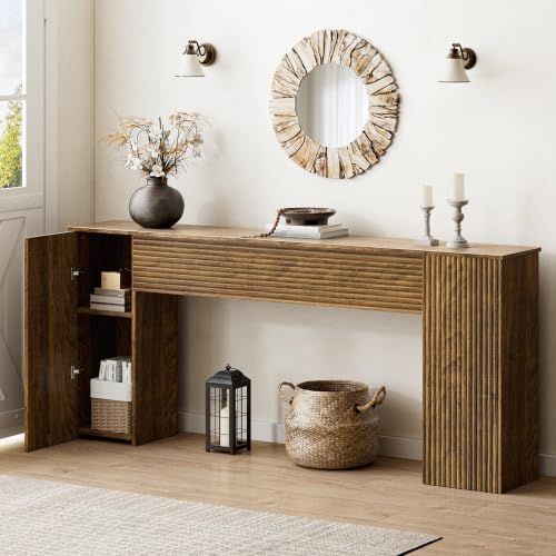 FABATO 70.8” Fluted Long Console Table with 2 Hidden Storage Cabinet, Brown