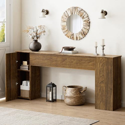 FABATO 70.8” Fluted Long Console Table with 2 Hidden Storage Cabinet, Brown