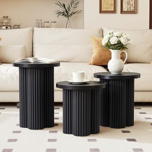 Round Nesting Coffee Table Set of 3 Fluted Coffee Table (Black)