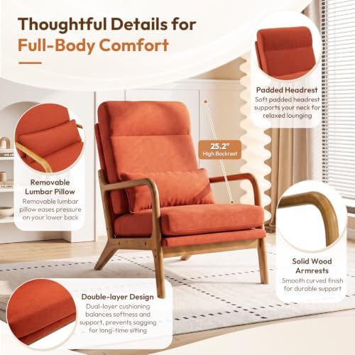 Bonnlo High Back Linen Burnt Orange Mid Century Modern Accent Chair, Soild Wood Padding Lounge Armchairs Side Sitting Chairs for Living Room, Bedroom, Guest Room