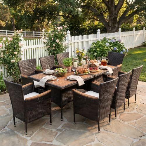 10-Pieces Ratton Patio Table and Chairs with Acacia Tabletop for Outdoor