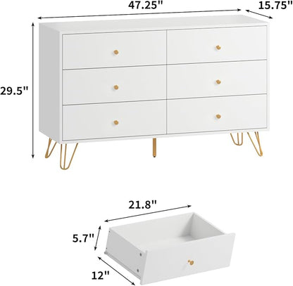 CARPETNAL White Dresser for Bedroom, 6 Drawer Dresser with Wide Drawers and Gold Metal Handles, Wood Dressers & Chest of Hallway, Entryway.