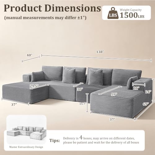 138" Oversized Boneless Couches for Living Room,3-Seat Modular L-Shaped Sectional Sofa with Right-Facing Chaise,Ottoman,Deep Seat Memory Foam,No Assembly Required,Light Gray
