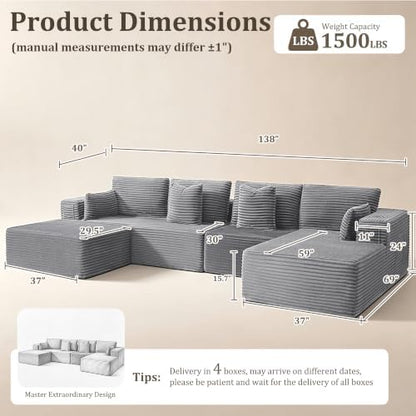 138" Oversized Boneless Couches for Living Room,3-Seat Modular L-Shaped Sectional Sofa with Right-Facing Chaise,Ottoman,Deep Seat Memory Foam,No Assembly Required,Light Gray