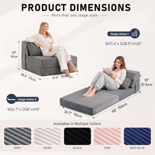 Folding Sofa, Convertible Chair, Comfy Floor Couch Lounge Sofa for Adults Portable Fold Out Chair for Living Room, Gray
