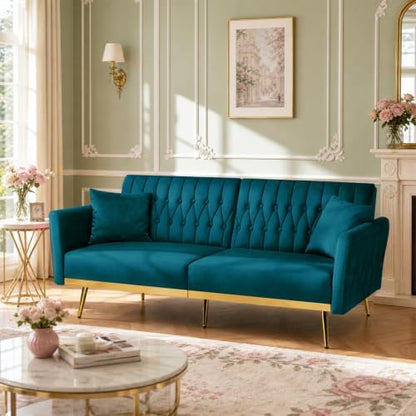 70” Velvet Futon Sofa Bed w/Adjustable Armrests, Teal