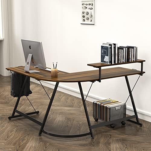 SHW 51 x 51 L-Shaped Corner Desk w/Monitor Stand and Drawer, Walnut