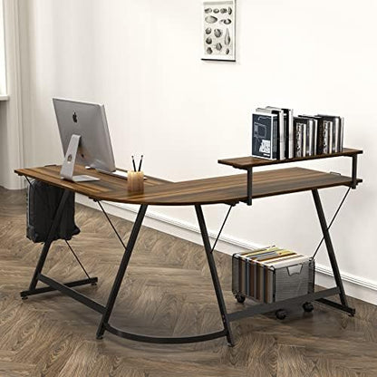 SHW 51 x 51 L-Shaped Corner Desk w/Monitor Stand and Drawer, Walnut