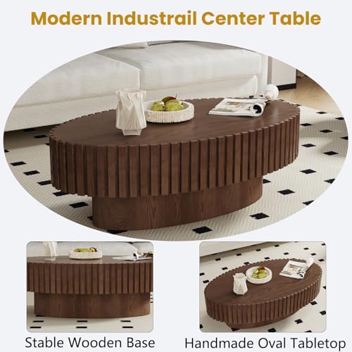 Modern Oval Drum Coffee Table Wood Circle Fluted Coffee Tables with Sturdy Pedestal, Veneer Handcrafted Relief Tea Table for Living Room Small Space Office Apartment (Rustic Brown 43.3")
