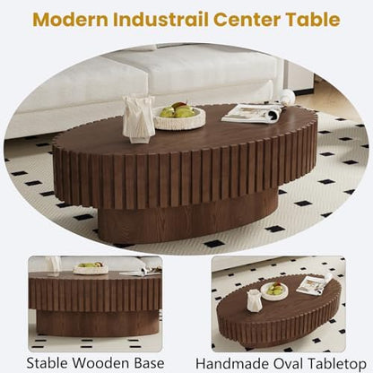 Modern Oval Drum Coffee Table Wood Circle Fluted Coffee Tables with Sturdy Pedestal, Veneer Handcrafted Relief Tea Table for Living Room Small Space Office Apartment (Rustic Brown 43.3")