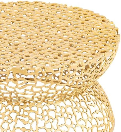 35" Gold Aluminum Round Coffee Table with Geometric Cutout Base