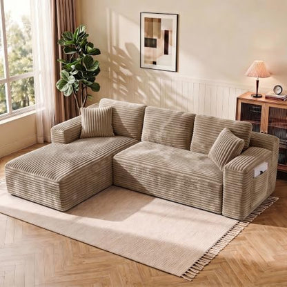 WINBOY 97" L Shaped Boneless Couches for Living Room, Comfy Modular Deep Seat Compressed Corduroy Sofa with Side Pocket,Left Facing Chiase,Camel