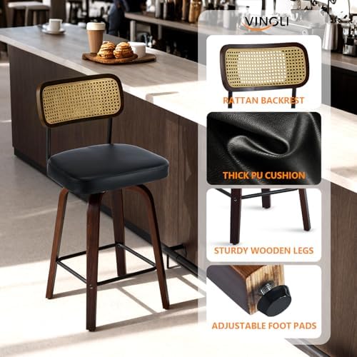 VINGLI Modern Bar Stool 26" H, PU Leather with Rattan Back, 360° Swivel, Solid Wood Legs Barstools for Kitchen Island & Home Bar, Black 3 Pack