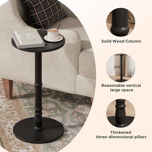 Round Side Table with Solid Wood Pillar, Small Drink Table