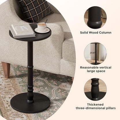 Round Side Table with Solid Wood Pillar, Small Drink Table