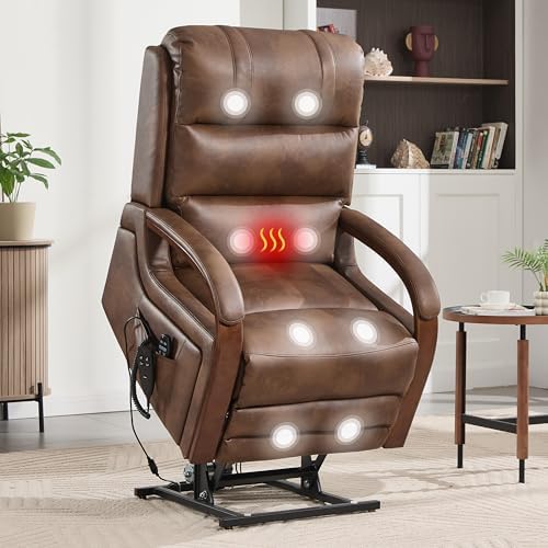 Power Lift Recliner Chair for Elderly People, Dual Motor Lift Chair with Vibration Massage and Heat, Lay Flat Recliner with Solid Wood Armrest, Standing Assistance Reclining, Faux Leather Brown
