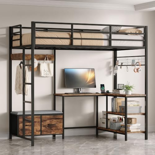 Twin Loft Bed with L-Shaped Gaming Desk, 2 Storage Drawers, RGB LED Lights