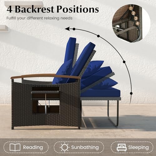 COSTWAY Patio Rattan Daybed, Outdoor Loveseat Sofa with Storage Ottoman