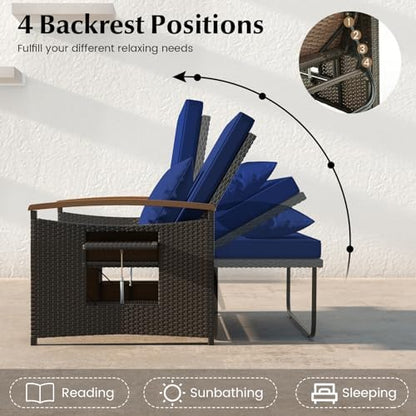 COSTWAY Patio Rattan Daybed, Outdoor Loveseat Sofa with Storage Ottoman