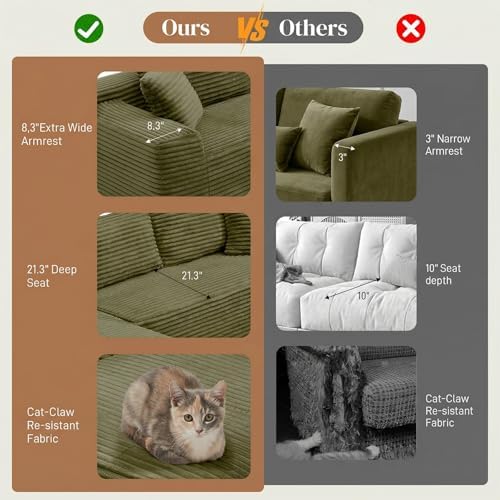 95" L Shaped Cloud Boneless Sectional Couches for Living Room, Modern Comfy Modular Deep Seat Memory Foam Compressed Corduroy Sofa Oversized Left Facing Chaise, No Assembly Required, Green