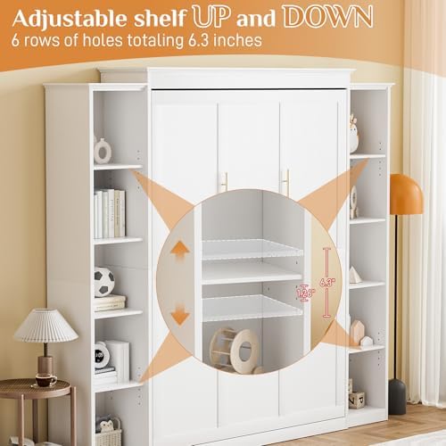 Queen Size Murphy Bed with 2 Storage Cabinet, Farmhouse Wood Hidden Foldable Wall Bed Frame, Space Saving Beds with Shelves, Murphy Bed Queen for Guest Room, Apartment,Office,Bedroom, White